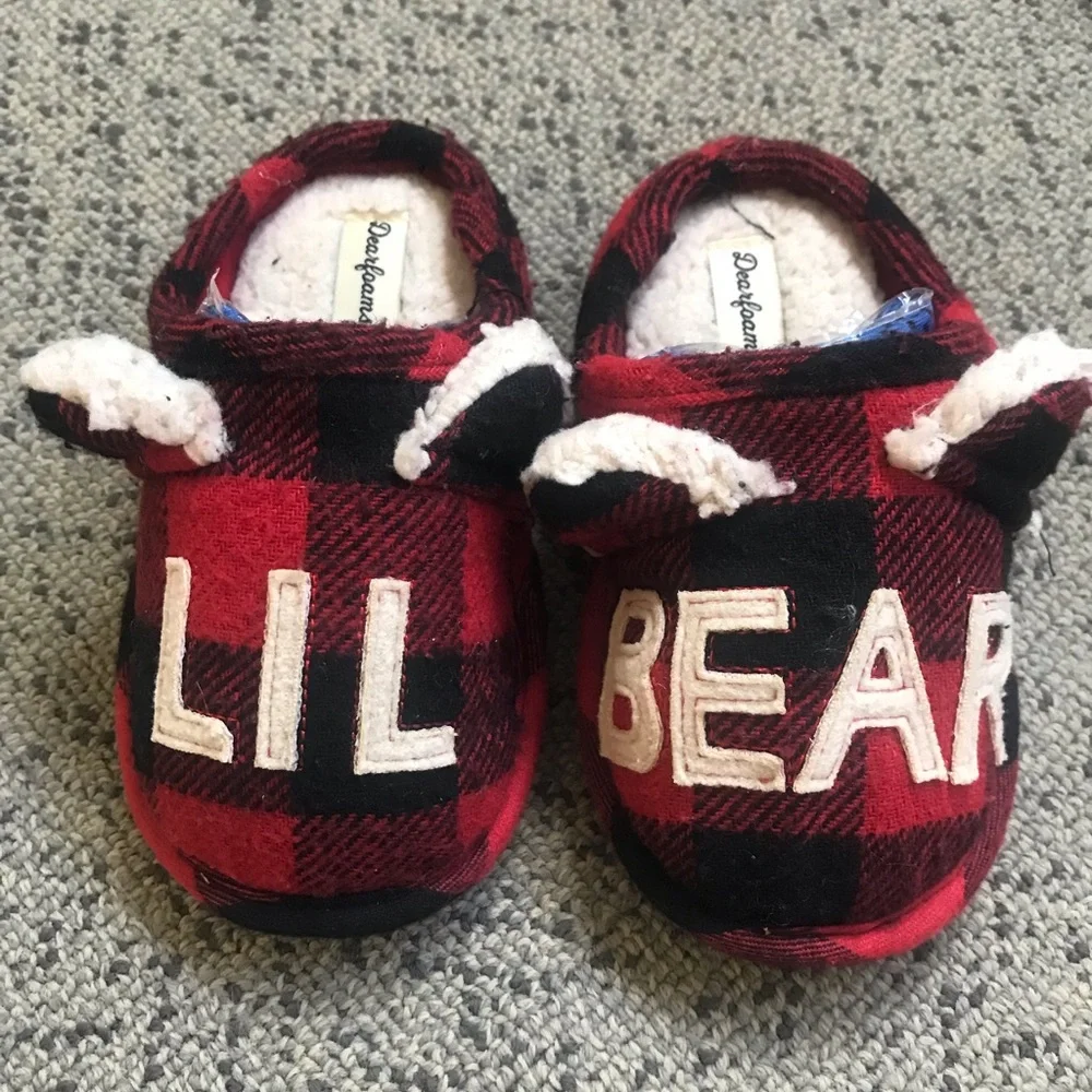Lil Bear Red Black Plaid Kids Slippers